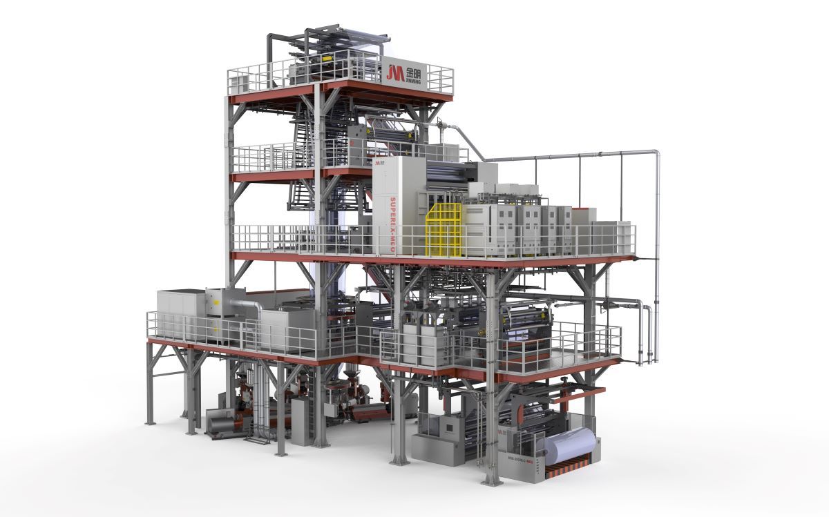 五层共挤薄膜吹膜机组带在线纵向拉伸装置的整机
