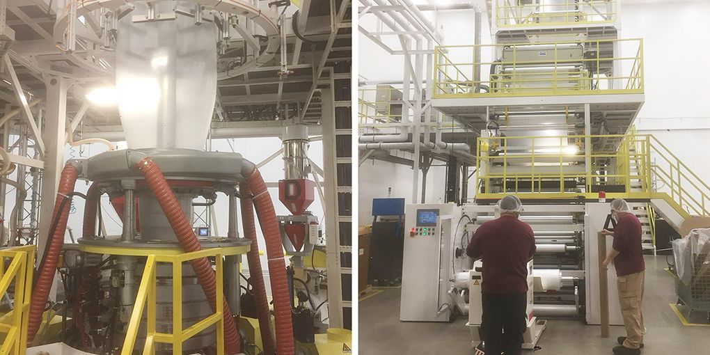 Five-layer blown extrusion stretch film machine M5B-1500Q-C at a Japanese transnational packaging corporation in Ohio, USA
